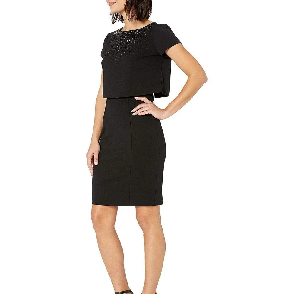 Adrianna Papell Embellished Pop Over Sheath Dress Black Special Occasion Size 10 - Picture 2 of 16